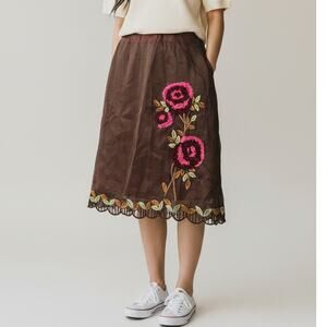 Shani A-Line Skirt Womens 2 Brown Sheer Flora Applique Beaded Scalloped Hem